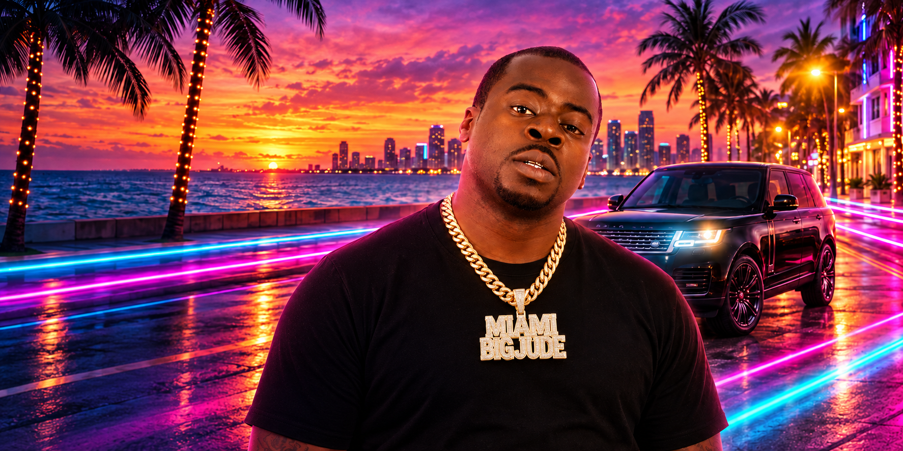 Miami Big Jude wearing his custom pendant against a neon Miami waterfront sunset